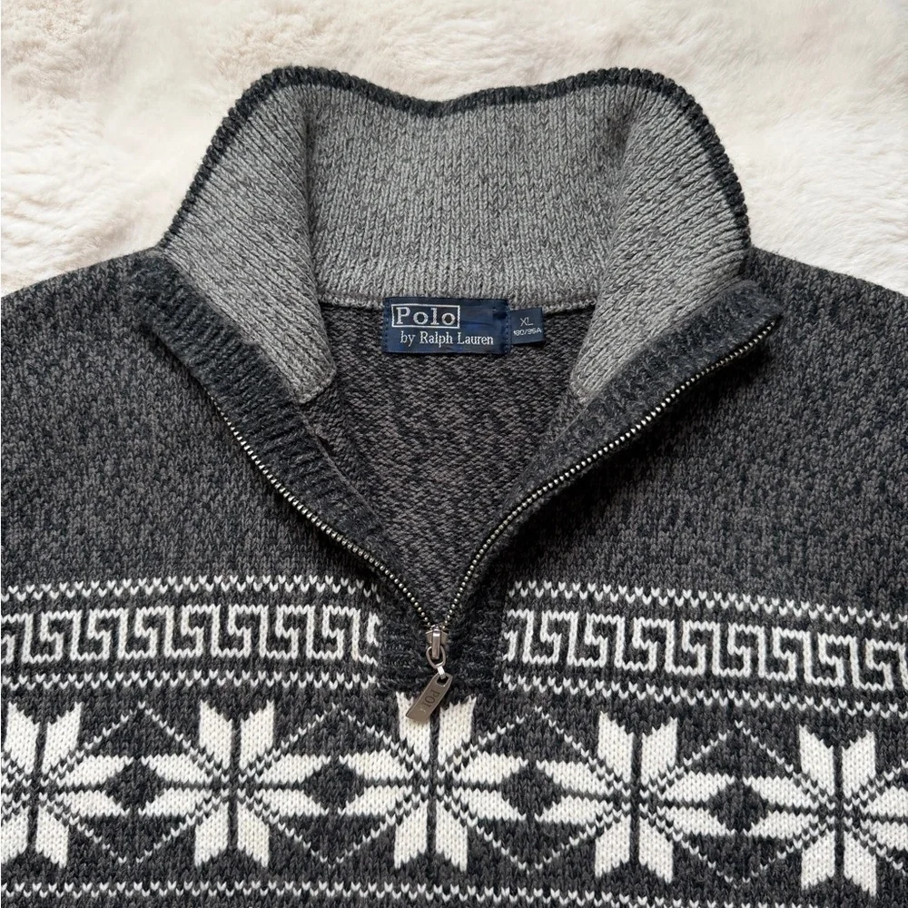 Polo Ralph Lauren Vintage Wool Fair Isle Snowflake Half-Zip Mock Neck Sweater-XL